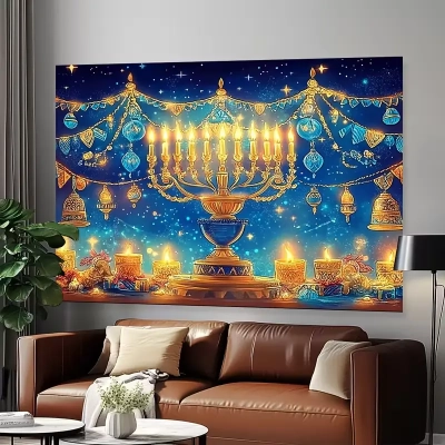 פוסטר רקע חנוכייה עם נרות ברקע כחול בגודל 150x100 ס