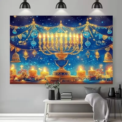 פוסטר רקע חנוכייה עם נרות ברקע כחול בגודל 150x100 ס