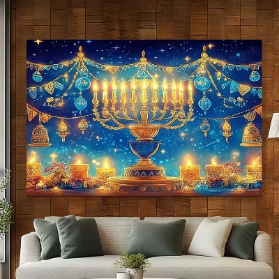 פוסטר רקע חנוכייה עם נרות ברקע כחול בגודל 150x100 ס