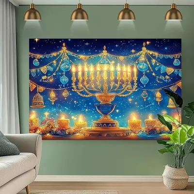 פוסטר רקע חנוכייה עם נרות ברקע כחול בגודל 150x100 ס