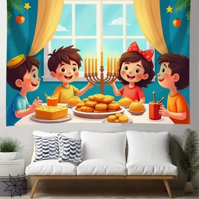 תפאורה ילדים מסביב לחנוכייה וסופגניות גודל 150x105 ס