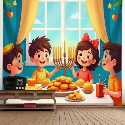 תפאורה ילדים מסביב לחנוכייה וסופגניות גודל 150x105 ס