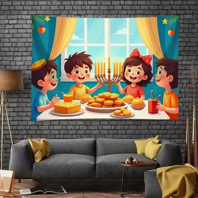 תפאורה ילדים מסביב לחנוכייה וסופגניות גודל 150x105 ס