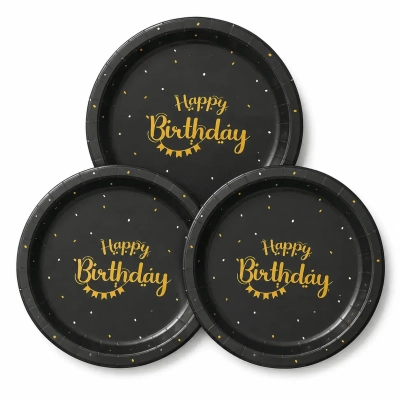 סט צלחות happy birthday גדולות בצבע שחור עם כיתוב זהב - 8 יחידות במארז