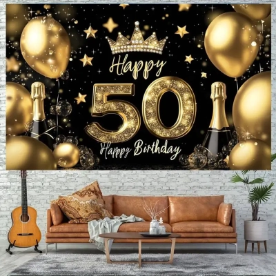 תפאורת יום הולדת 50 עם שמפניה ובלונים בגודל 150x100