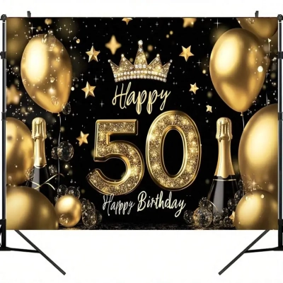 תפאורת יום הולדת 50 עם שמפניה ובלונים בגודל 150x100