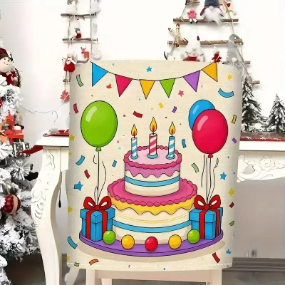 כיסוי יום הולדת עם הדפס עוגה ובלונים לגב הכיסא דגם 1