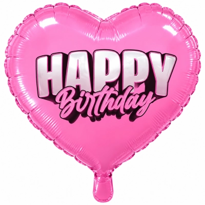 בלון ורוד מיילר לב בצבע ורוד עם כיתוב Happy Birthday במרכז בצבע כסף וורוד בגודל 18 אינץ