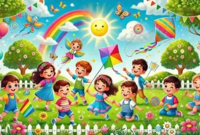 רקע קיץ ילדים בפארק עם עפיפונים וקשת בענן בגודל 150x100 ס